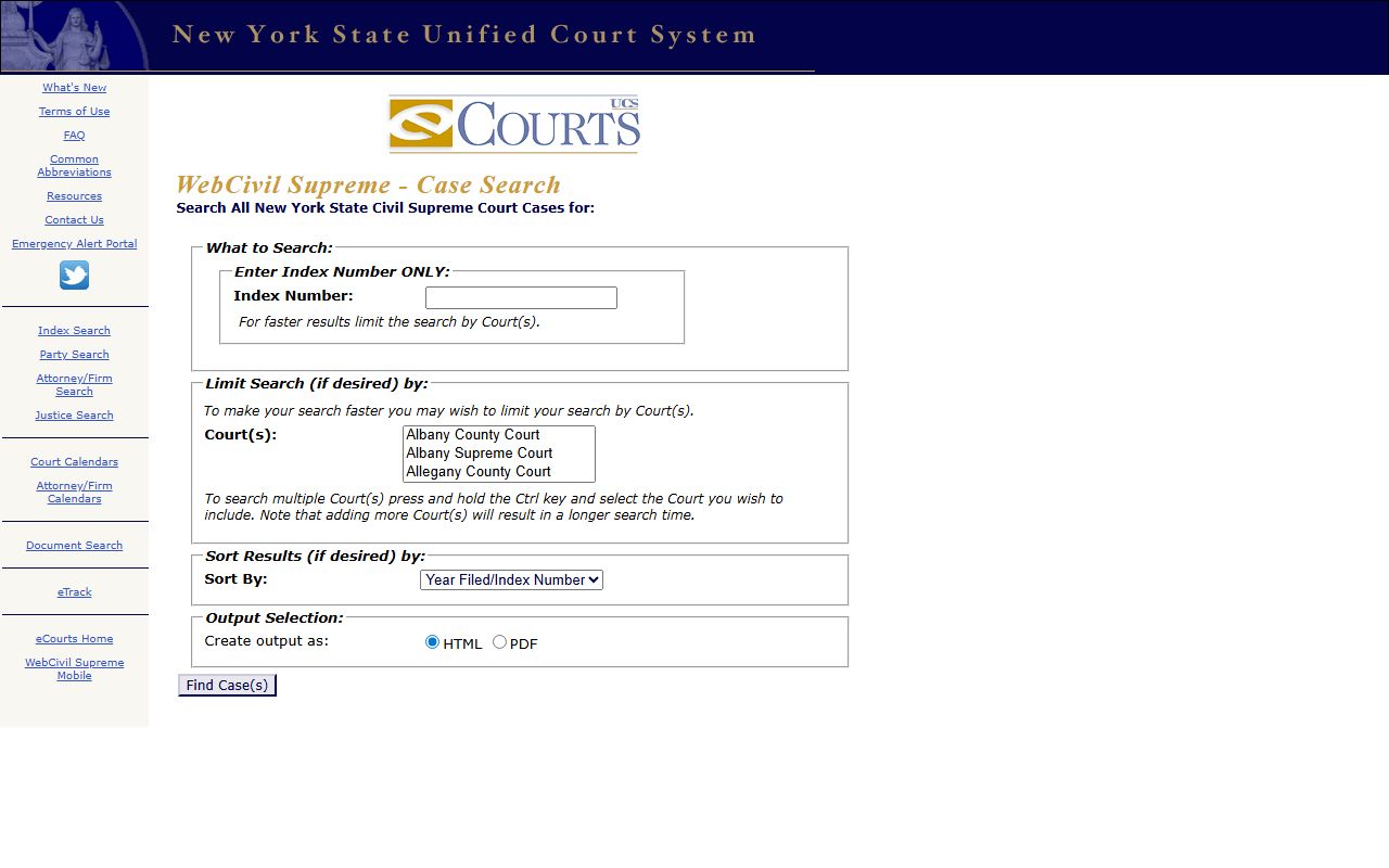 WebCivil Supreme search form for Queens County court records