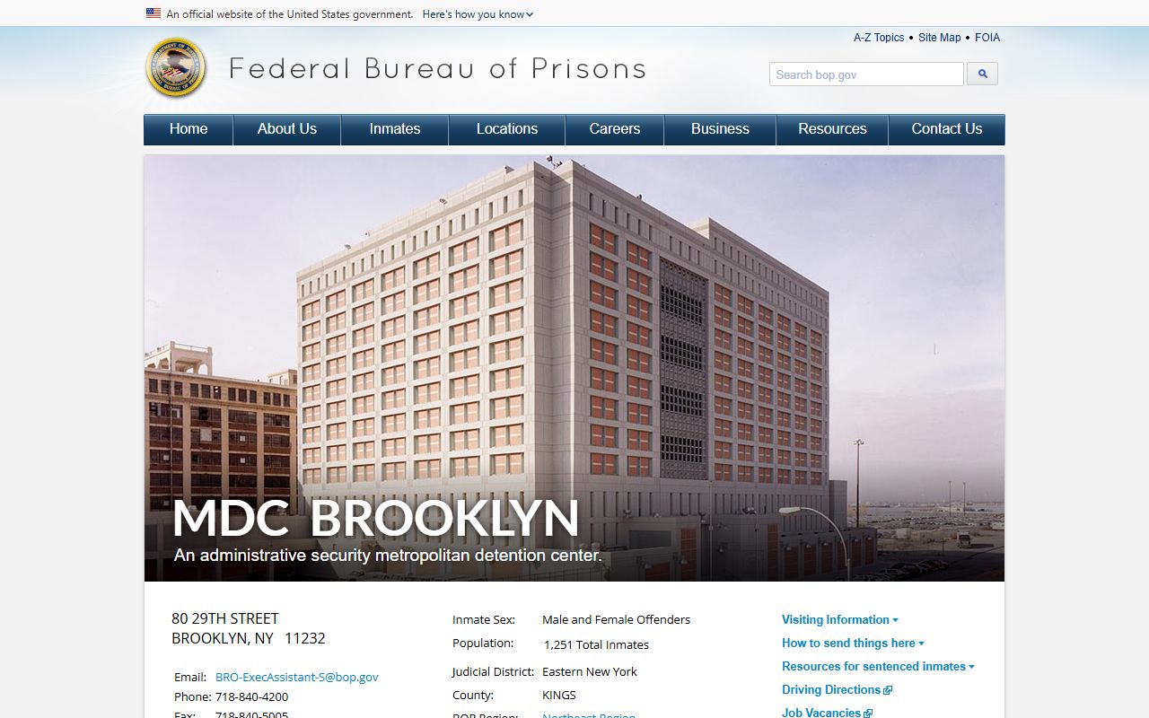 Metropolitan Detention Center Brooklyn federal facility near Queens County inmate records